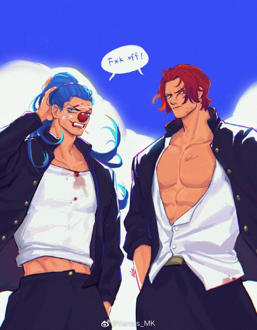 2boys abs bandaid bandaid_on_face black_jacket black_pants blood blood_on_clothes blue_eyes blue_sky buggy_the_clown censored censored_profanity censored_text cigarette closed_mouth cloud clown_nose collarbone cumulonimbus_cloud facial_hair highres jacket male_focus multiple_boys one_piece pants pectorals scar scar_on_face shanks_(one_piece) sky speech_bubble toned toned_male vamos_mk