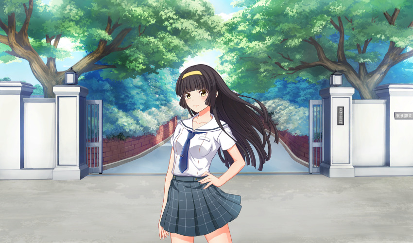 1girl arm_at_side black_hair blue_necktie blunt_bangs cinderella_series game_cg grey_skirt hachigatsu_no_cinderella_nine hairband hand_on_own_hip highres long_hair looking_at_viewer necktie non-web_source official_art outdoors plaid_clothes plaid_skirt pleated_skirt sailor_collar satogahama_school_uniform school_gateway school_uniform serafuku shirt short_sleeves skirt solo standing summer_uniform tree tsukishima_yui_(hachigatsu_no_cinderella_nine) v-shaped_eyebrows white_sailor_collar white_shirt yellow_eyes yellow_hairband