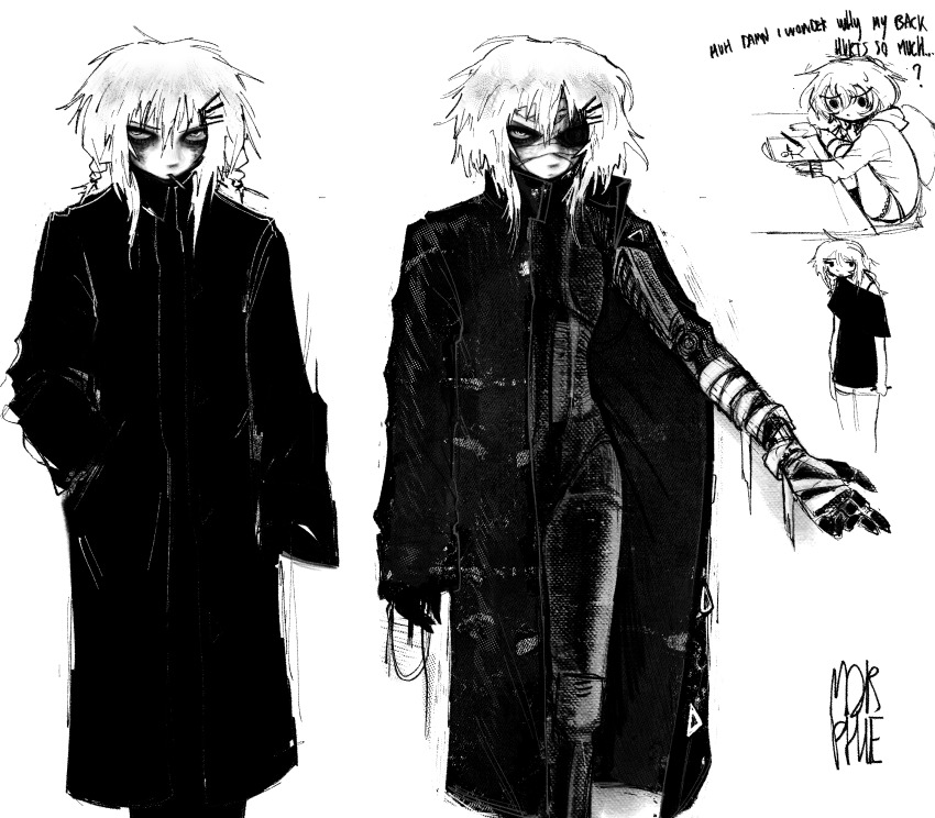 2girls absurdres artist_name back_pain bags_under_eyes bandage_on_face bandaged_arm bandages ben-day_dots black_bodysuit black_coat bodysuit bra_strap braid burn_scar canvas_texture cigarette coat crimescenepartz cyborg drawing_(object) english_text frilled_underwear glaring greyscale hair_ornament hairclip hand_in_pocket high_contrast highres holding holding_pen hood hoodie injury jitome knees_to_chest looking_ahead looking_to_the_side marie_(peripeteia) mechanical_arms medium_hair monochrome multiple_girls multiple_views no_pants one_eye_in_shadow open_clothes open_coat original outstretched_hand pen peripeteia profanity scar screentones self-portrait serious shirt short_twintails signature simple_background single-shoulder_shirt single_mechanical_arm sitting sketch slouching smoking solid_circle_eyes standing trench_coat triangle_button twin_braids twintails white_background white_hair