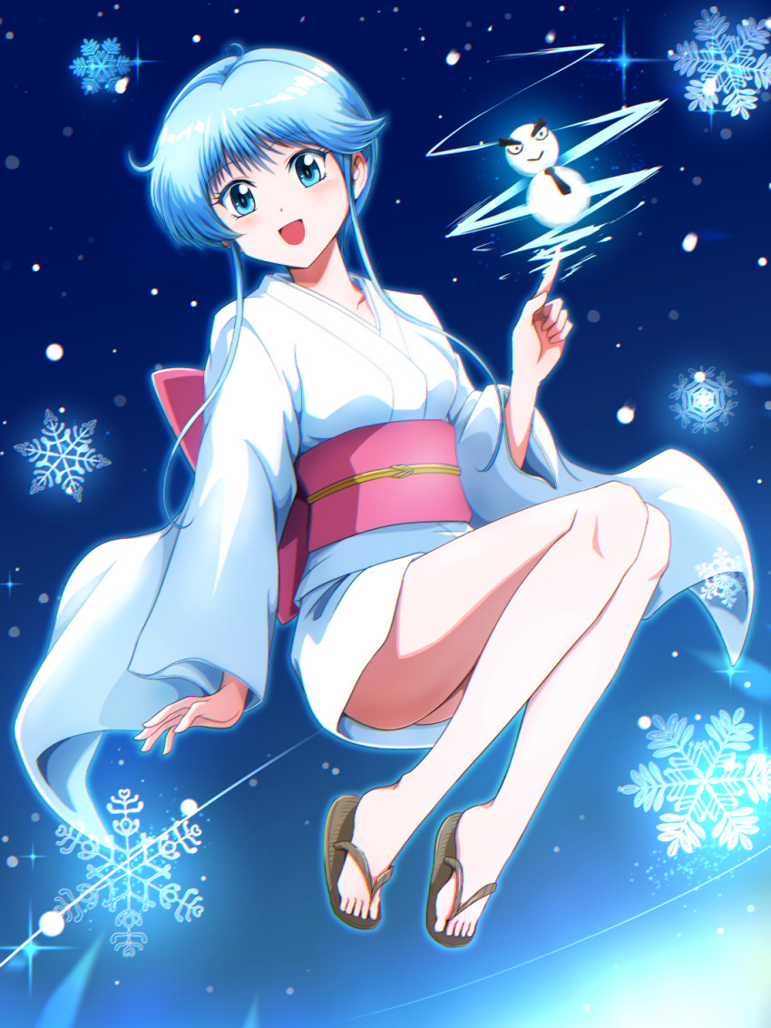 1girl :d bare_legs blue_background blue_eyes blue_hair blush breasts brown_sandals character_snowman commentary_request full_body happy highres index_finger_raised japanese_clothes jigoku_sensei_nube kimono long_sleeves looking_at_viewer mamiya_myanmar nueno_meisuke obi open_mouth pink_sash sandals sash short_hair_with_long_locks short_kimono sidelocks small_breasts smile snowflakes snowing snowman solo toes white_kimono yuki_onna yukime_(jigoku_sensei_nube)