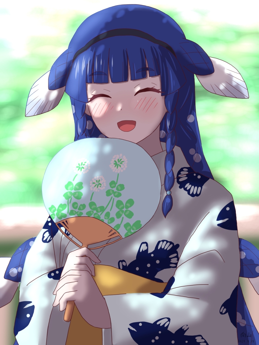 1girl alternate_costume animal_print belt blue_hair blue_kimono blush braid closed_eyes coelacanth_(kemono_friends) fins fish_girl fish_print hand_fan head_fins highres japanese_clothes kemono_friends kimono long_hair mukouyama_mu multicolored_hair obi open_mouth paper_fan print_kimono sash side_braid smile solo two-tone_kimono upper_body white_hair white_kimono yellow_belt