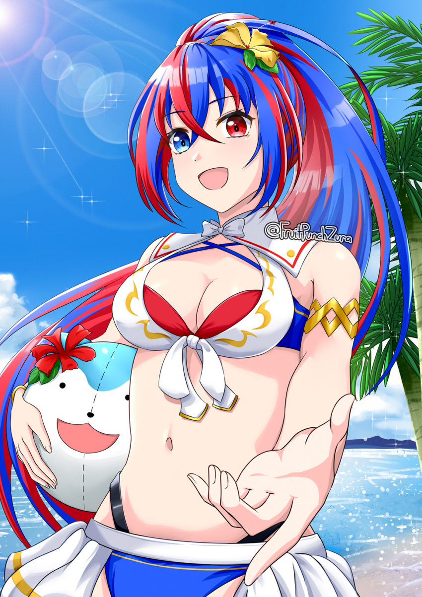 1girl female_alear_(fire_emblem) bikini blue_bikini blue_hair blue_sky breasts character_ball criss-cross_halter crossed_bangs female_alear_(fire_emblem) female_alear_(seaside_dragon)_(fire_emblem) fire_emblem fire_emblem_engage fire_emblem_heroes flower fruitpunchzura gold_armlet hair_flower hair_ornament halterneck heterochromia highres long_hair medium_breasts multicolored_bikini multicolored_hair nintendo official_alternate_costume official_alternate_hairstyle palm_tree ponytail reaching reaching_towards_viewer red_bikini red_hair showgirl_skirt sky solo sommie_(fire_emblem) split-color_hair swimsuit tree two-tone_hair water white_bikini