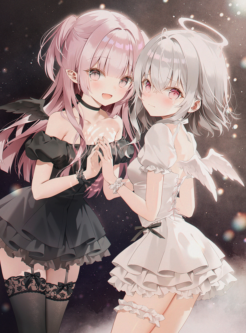 2girls back black_choker black_dress black_thighhighs black_wings blurry blush bokeh bow_legwear breasts choker cleavage commentary dark_background depth_of_field dress fang frown garter_straps halo highres holding_hands light_particles long_hair looking_at_viewer medium_hair mole mole_under_eye multiple_girls off-shoulder_dress off_shoulder original pink_eyes pink_hair pointy_ears red_eyes short_dress short_sleeves small_breasts smile symbol-only_commentary tears thigh_strap thighhighs thighs traditional_halo two_side_up weri white_dress white_hair white_wings wings wrist_cuffs