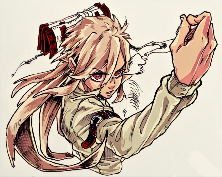 1girl akino_tsuki arm_belt bow commentary_request cropped_torso fujiwara_no_mokou grey_hair hair_bow hand_up long_hair long_sleeves looking_at_viewer red_bow red_eyes shirt smoke solo touhou upper_body white_background white_bow white_shirt