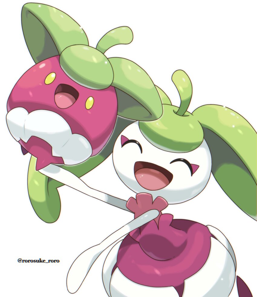 bounsweet closed_eyes commentary_request evolutionary_line game_freak gen_7_pokemon highres nintendo no_humans open_mouth pokemon pokemon_(creature) rorosuke smile steenee twintails twitter_username white_background yellow_eyes