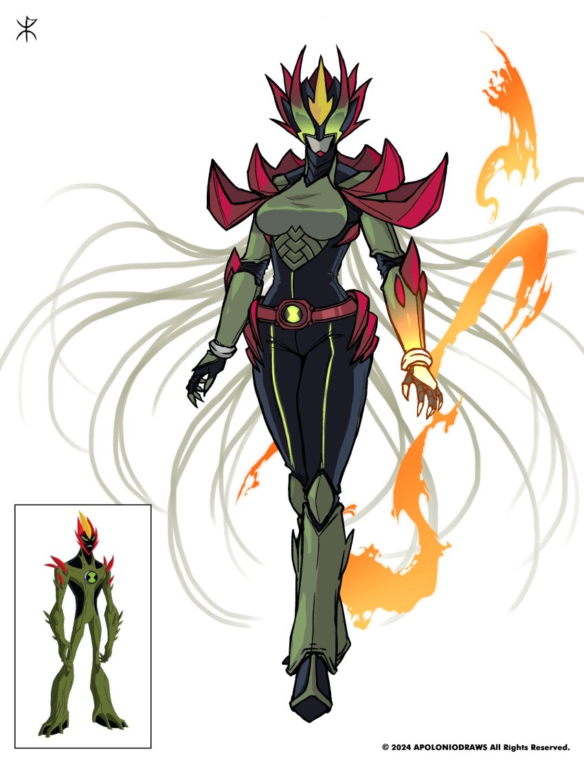 1girl absurdres alien apoloniodraws armor ben_10 fire full_body helmet highres jumpsuit kamen_rider omnitrix plant signature spiked_armor spiked_helmet swampfire tokusatsu