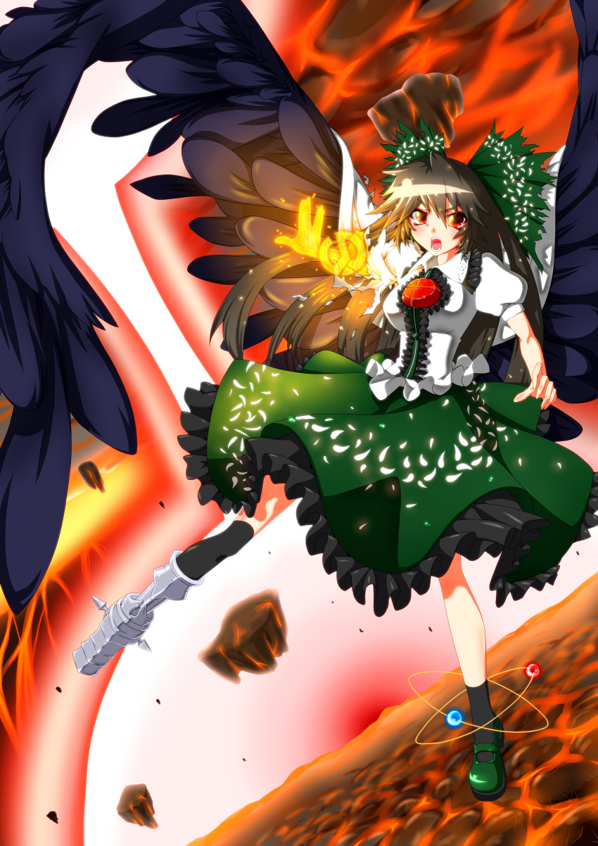 1girl atom black_hair black_wings blush bow cape collared_shirt commentary_request danmaku feathered_wings floating_rock frilled_shirt frilled_shirt_collar frilled_skirt frills full_body glowing_arm green_bow green_skirt hair_bow highres lava long_hair looking_at_viewer open_mouth puffy_short_sleeves puffy_sleeves red_eyes reiuji_utsuho sera_(hitsuji_to_kitsune) shirt short_sleeves skirt solo third_eye torn_sleeve touhou white_cape white_shirt wings