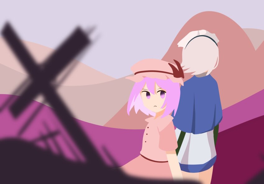 2girls apron blue_shirt blue_skirt bow buttons closed_mouth commentary cookie_(touhou) cowboy_shot cross dress expressionless grey_hair grey_sky hat hat_bow highres hisaka_(cookie) izayoi_sakuya looking_afar looking_at_viewer maid maid_headdress mob_cap multiple_girls no_lineart pink_dress pink_hat red_bow remilia_scarlet savlietion_yuki shirt short_hair short_sleeves skirt sky tentacle_arm touhou waist_apron white_apron
