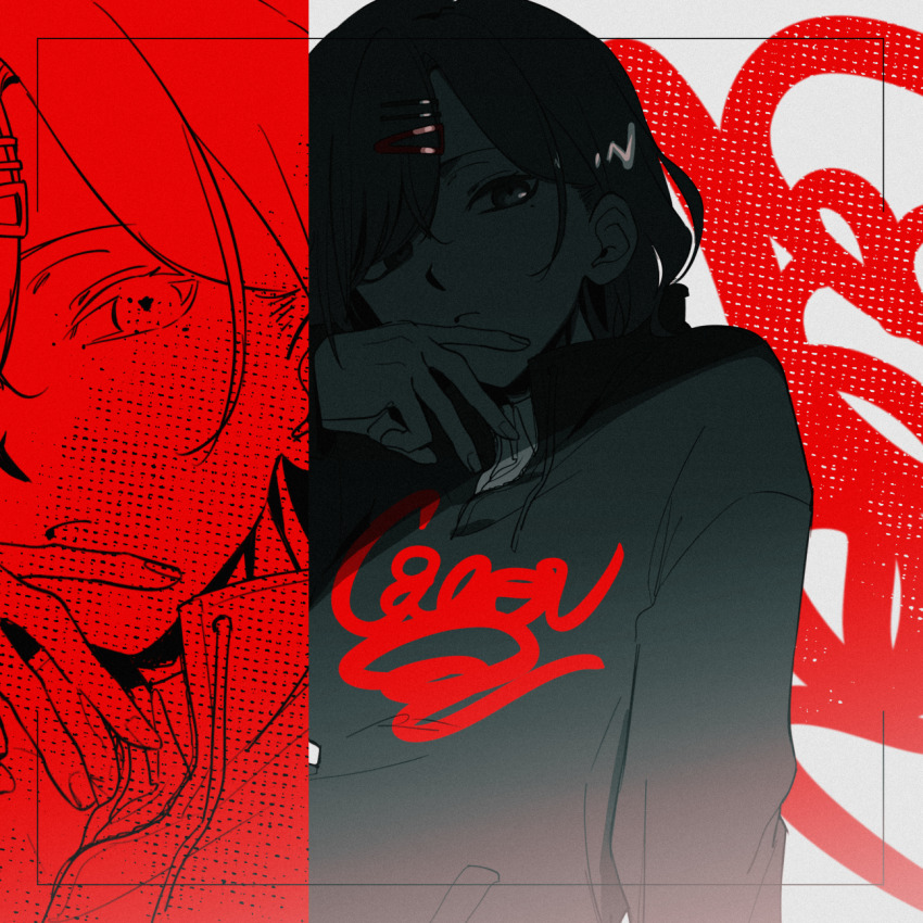 1girl closed_mouth collared_shirt commentary_request drawstring fingernails framed frown greyscale_with_colored_background hair_ornament hair_over_one_eye hairclip hand_on_own_chin highres higuchi_madoka hood hood_down hoodie idolmaster idolmaster_shiny_colors lineart long_bangs long_sleeves looking_at_viewer mole mole_under_eye monochrome red_background red_theme shirt short_hair sidu_(dsd_kgn) solo spot_color swept_bangs upper_body white_background zoom_layer