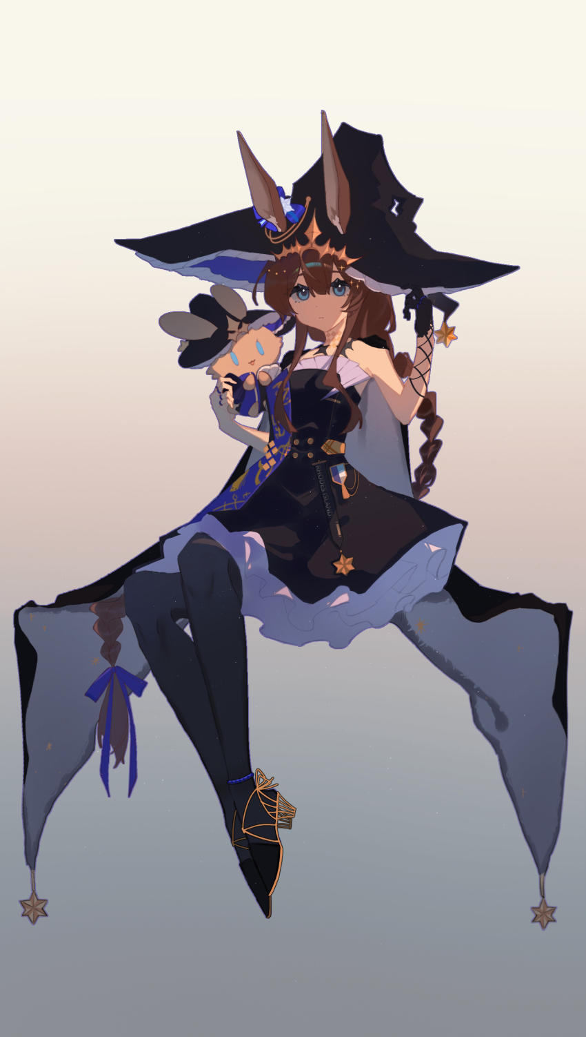 1girl absurdres ambience_synesthesia amiya_(arknights) amiya_(medic)_(arknights) amiya_(medic)_(solo_around_the_world)_(arknights) animal_ears arknights black_dress black_gloves black_hat black_pantyhose blue_eyes bow braid brown_hair chinese_commentary closed_mouth commentary dress ears_through_headwear gloves gradient_background grey_background hair_between_eyes hair_bow hat highres holding invisible_chair jewelry long_hair official_alternate_costume pantyhose purple_bow ring single_glove sitting solo very_long_hair witch_hat yuan_xing_yuustar_(xuefeng1102)