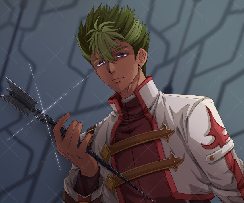 1boy absurdres blue_eyes commentary commission cropped_jacket earrings eiyuu_densetsu english_commentary green_hair hair_between_eyes hair_slicked_back high_collar highres holding jewelry kai_no_kiseki kevin_graham kuro_no_kiseki_(series) short_hair solo sora_no_kiseki spiked_hair upper_body watermark yuzukiyo