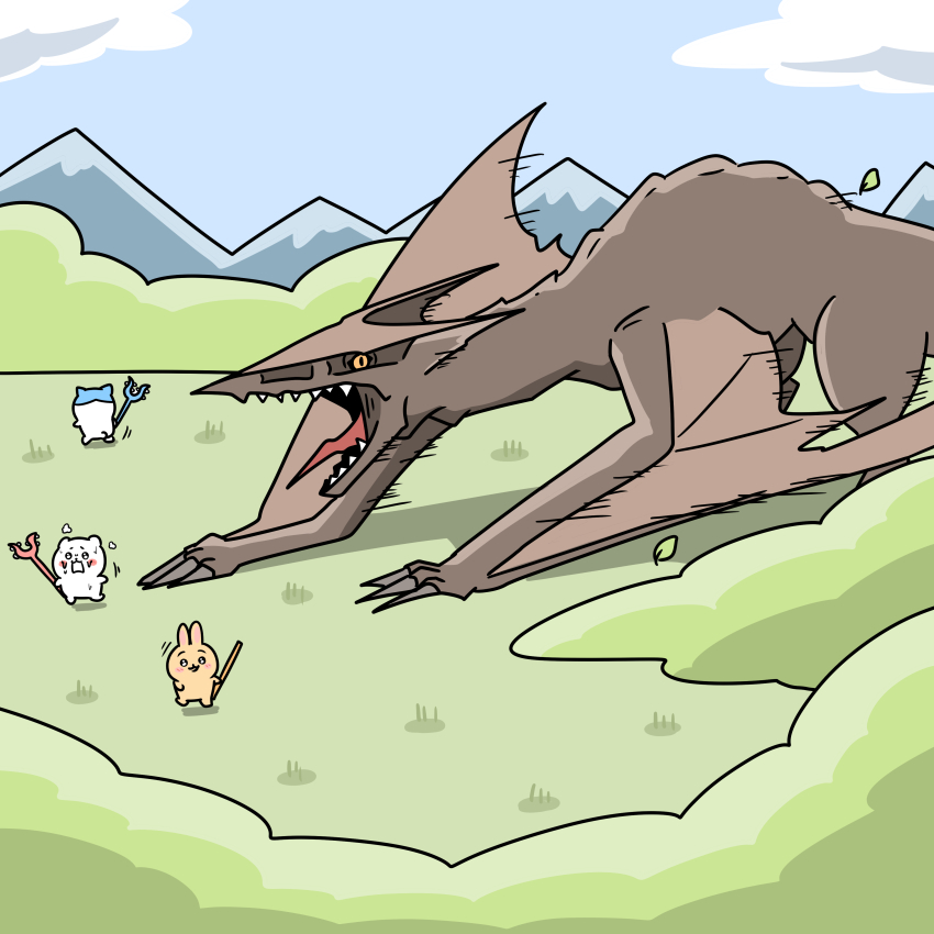 absurdres chibi chiikawa chiikawa_(character) claws cloud crossover daiei_film fangs field gamera:_guardian_of_the_universe gamera_(series) gyaos hachiware_(chiikawa) highres holding holding_staff holding_stick kaiju mountain mr.a_(oh-ronsam-me) roaring simple_background staff stick super_gyaos usagi_(chiikawa) wings worried