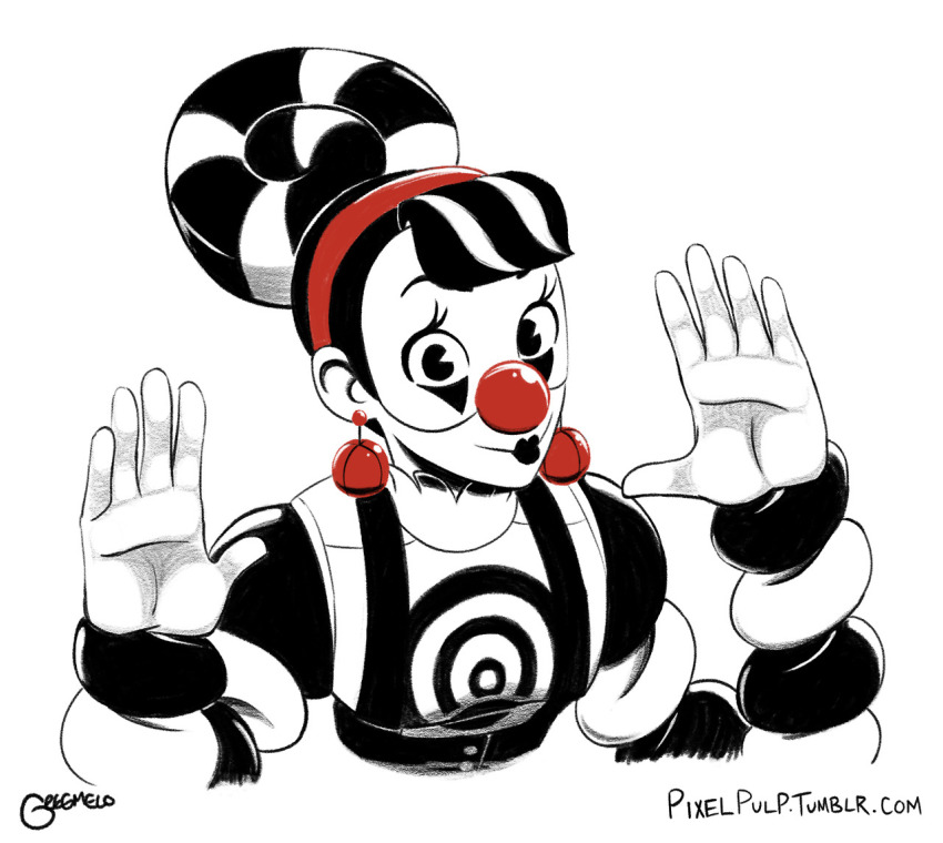 1girl alternate_color arms_(game) black_hair black_lips clown_nose earrings fake_mrbeast_(meme) hairband jewelry letitmelo lola_pop meme mime multicolored_hair nintendo smile solo suspenders two-tone_hair upper_body white_background white_hair