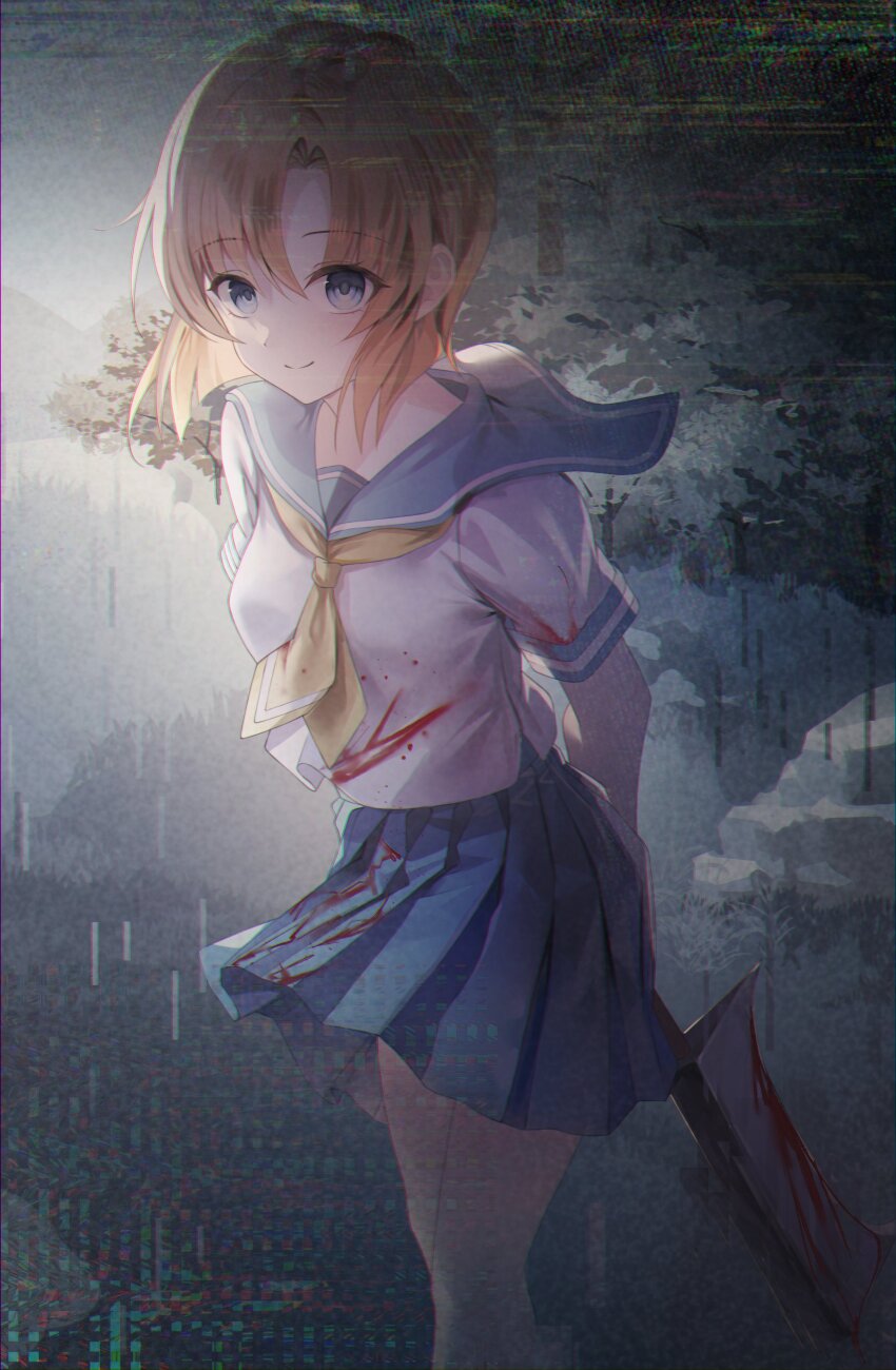 1girl absurdres arms_behind_back blood blood_on_clothes bloody_weapon blue_eyes blue_sailor_collar blue_skirt closed_mouth empty_eyes floating_clothes glitch highres higurashi_no_naku_koro_ni holding holding_weapon looking_at_viewer nata_(tool) neckerchief nyako_(x_nyako_x) orange_hair outdoors pleated_skirt ryuuguu_rena sailor_collar school_uniform serafuku shirt short_hair short_sleeves skirt smile solo standing weapon white_shirt yellow_neckerchief
