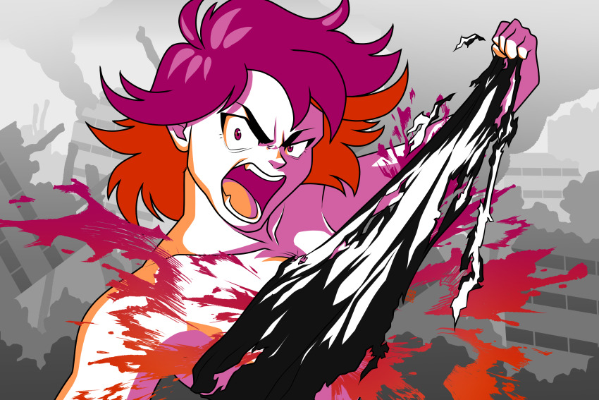 blood highres junketsu kamui_(kill_la_kill) kill_la_kill matoi_ryuuko multicolored_hair pallet_swap rainphee-art revealing_clothes ripping spoilers spot_color streaked_hair two-tone_hair