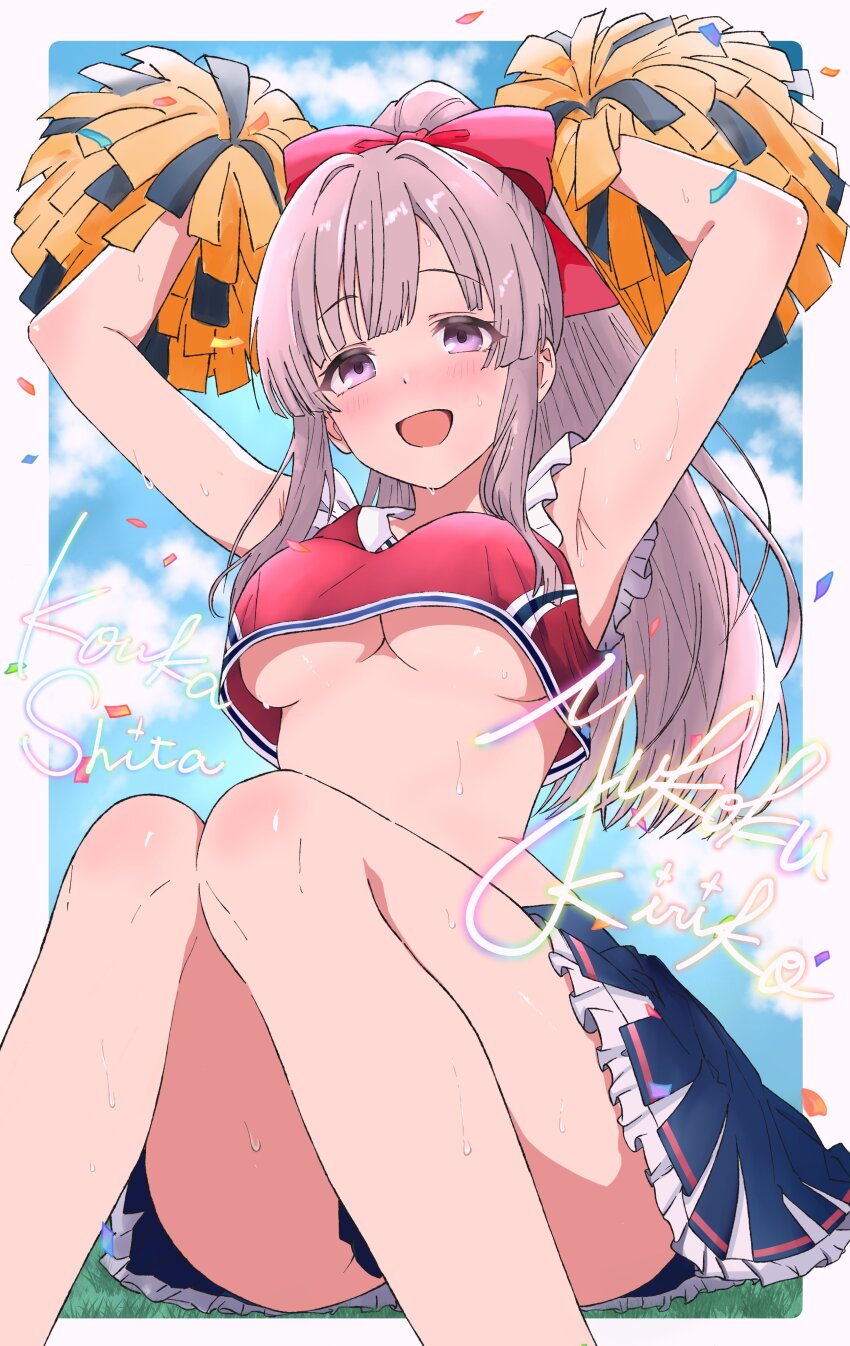 1girl absurdres armpits arms_up bare_shoulders black_panties blue_skirt blush breasts cheering cheerleader crop_top grey_hair hair_ribbon highres holding holding_pom_poms idolmaster idolmaster_shiny_colors koukashita long_hair looking_at_viewer medium_breasts midriff official_alternate_costume official_alternate_hairstyle open_mouth panties pantyshot pleated_skirt pom_pom_(cheerleading) pom_poms ponytail purple_eyes ribbon sitting skirt sleeveless smile solo sweat underboob underwear yukoku_kiriko