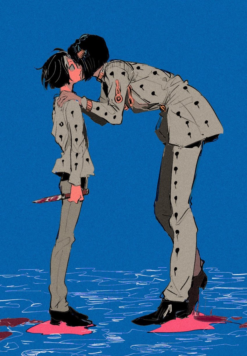 2boys age_comparison bent_over black_hair blood blood_on_ground bloody_knife blue_background bob_cut braid bruno_bucciarati covered_face dual_persona film_grain hair_ornament hands_on_another&#039;s_shoulders highres holding holding_knife jacket jojo_no_kimyou_na_bouken knife leaning_forward looking_up male_focus motunikomi multiple_boys parted_lips patterned_clothing short_hair time_paradox vento_aureo aged_down zipper_pull_tab