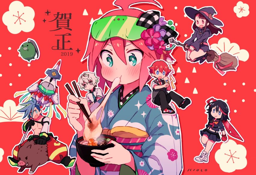 3boys 3girls agata_katsuhira ahoge blue_hair bow bowl broom broom_riding brown_hair chibi chinese_zodiac chopsticks creator_connection crossover eating explosive eyewear_on_head food frag_(trigger) galo_thymos gloves grenade gridman_universe hair_bow hibiki_yuuta highres japanese_clothes kagari_atsuko ki_on kill_la_kill kimono kiznaiver little_witch_academia luna_nova_school_uniform matoi_ryuuko mochi multiple_boys multiple_crossover multiple_girls nengajou new_year outline polearm promare red_background red_gloves red_hair riding safety_glasses school_uniform scissor_blade_(kill_la_kill) shoes short_hair simple_background sneakers spiked_hair ssss.gridman sweater_vest trigger-chan trigger_(company) weapon white_outline year_of_the_pig zouni_soup