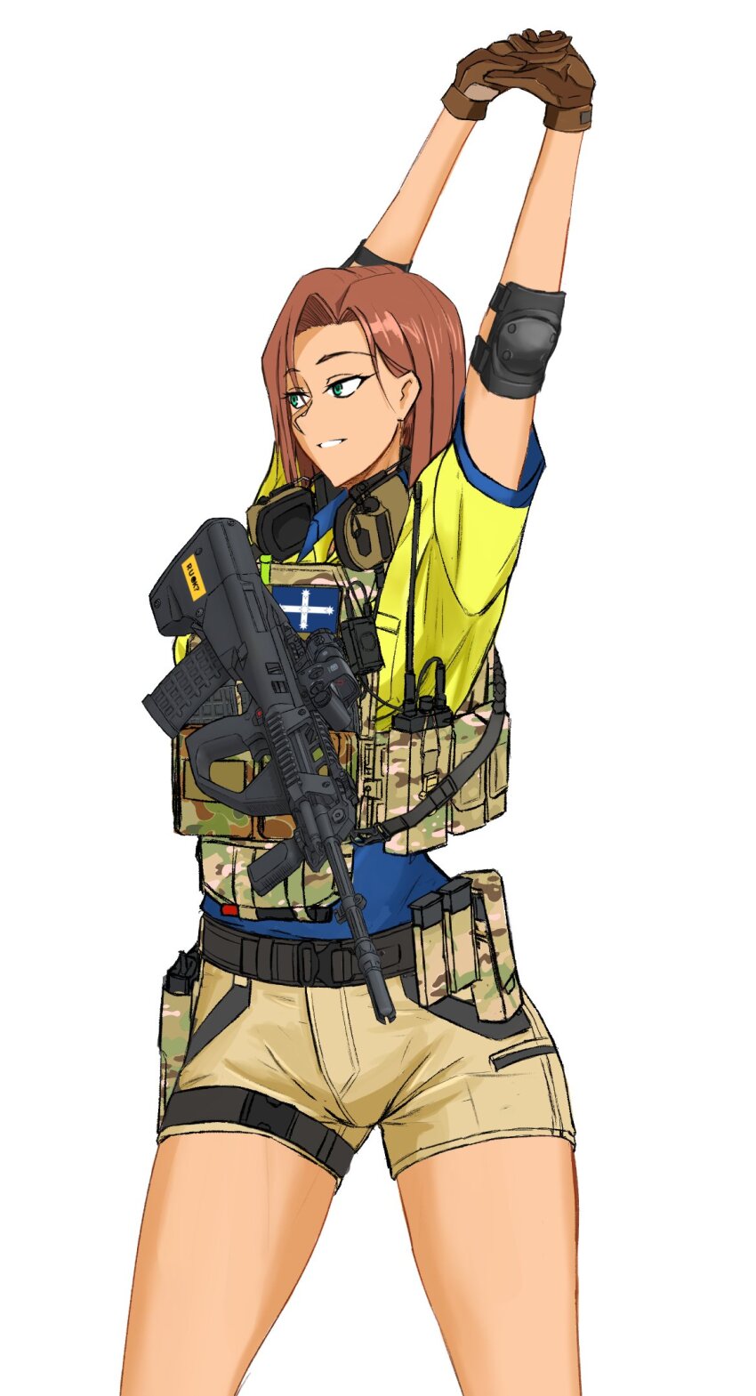 1girl ammunition_pouch arms_behind_head assault_rifle brown_gloves bullpup ear_protection elbow_pads flag_patch gloves gun highres jacket magazine_(weapon) optical_sight original pouch rifle short_sleeves shorts solo sovietoad steyr_aug stretching vertical_foregrip walkie-talkie weapon