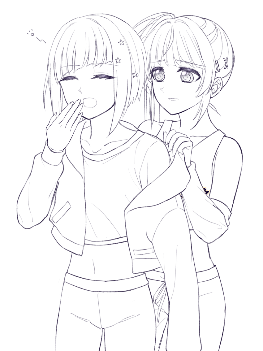 2girls absurdres aegis_zan bob_cut choker closed_eyes colored_inner_hair commentary_request cowboy_shot crop_top cropped_shirt diagonal_bangs don_quijote_(store) greyscale hair_ornament highres inverted_bob jacket lineart link!_like!_love_live! long_hair long_sleeves looking_at_another love_live! midriff monochrome multicolored_hair multiple_girls navel official_alternate_costume open_clothes open_jacket open_mouth otomune_kozue pants shirt short_hair side_ponytail sidelocks simple_background squeans star_(symbol) star_hair_ornament streaked_hair tank_top virtual_youtuber white_background yawning yugiri_tsuzuri
