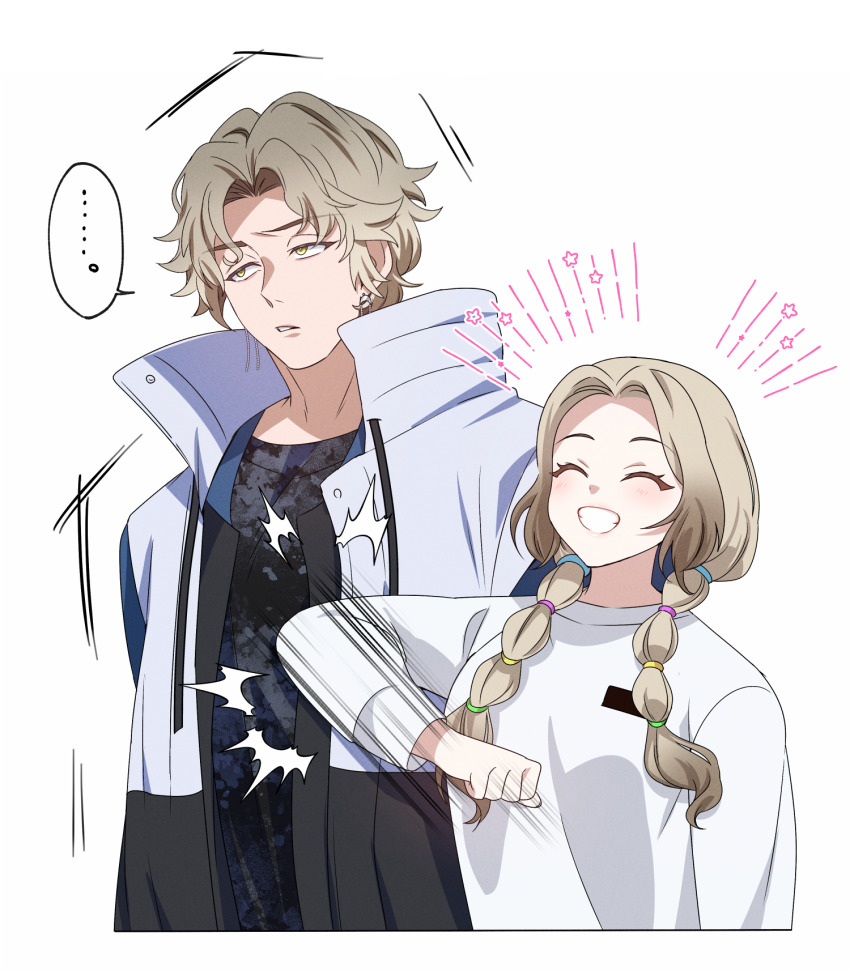 ... 1boy 1girl amane_sachika black_shirt black_vest blonde_hair blue_jacket br1ske7 braid closed_eyes colored_eyelashes commentary_request earrings elbowing grin highres jacket jewelry kamen_rider kamen_rider_gavv_(series) lakia_amarga looking_to_the_side looking_up low_twin_braids motion_lines parted_hair parted_lips shirt short_hair silver_earrings smile speech_bubble speed_lines spoken_ellipsis tokusatsu twin_braids two-tone_vest unamused upper_body vest white_background white_shirt white_vest yellow_eyes