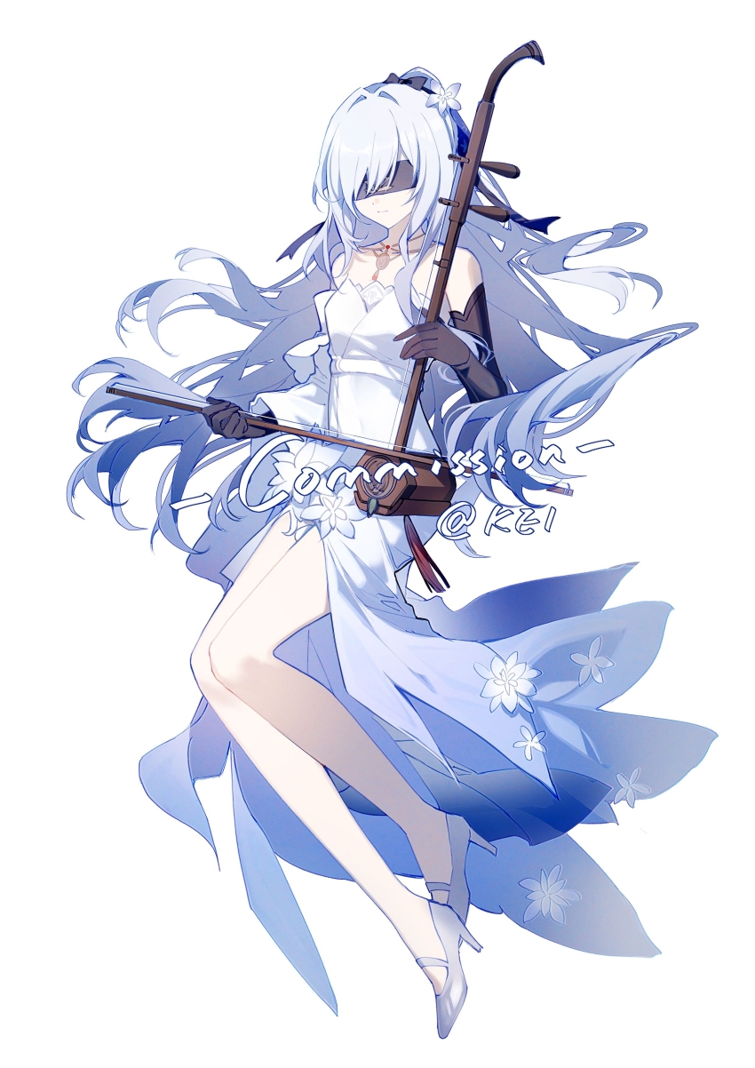 1girl absurdres alternate_costume bare_shoulders black_gloves blindfold blue_hair closed_mouth dress elbow_gloves erhu flower full_body gloves green_hair hair_flower hair_ornament high_heels highres holding holding_instrument honkai:_star_rail honkai_(series) instrument jingliu_(honkai:_star_rail) jingliu_(star_rail_live_2024)_(honkai:_star_rail) laoxi_(kei) long_hair simple_background solo white_background white_dress white_hair