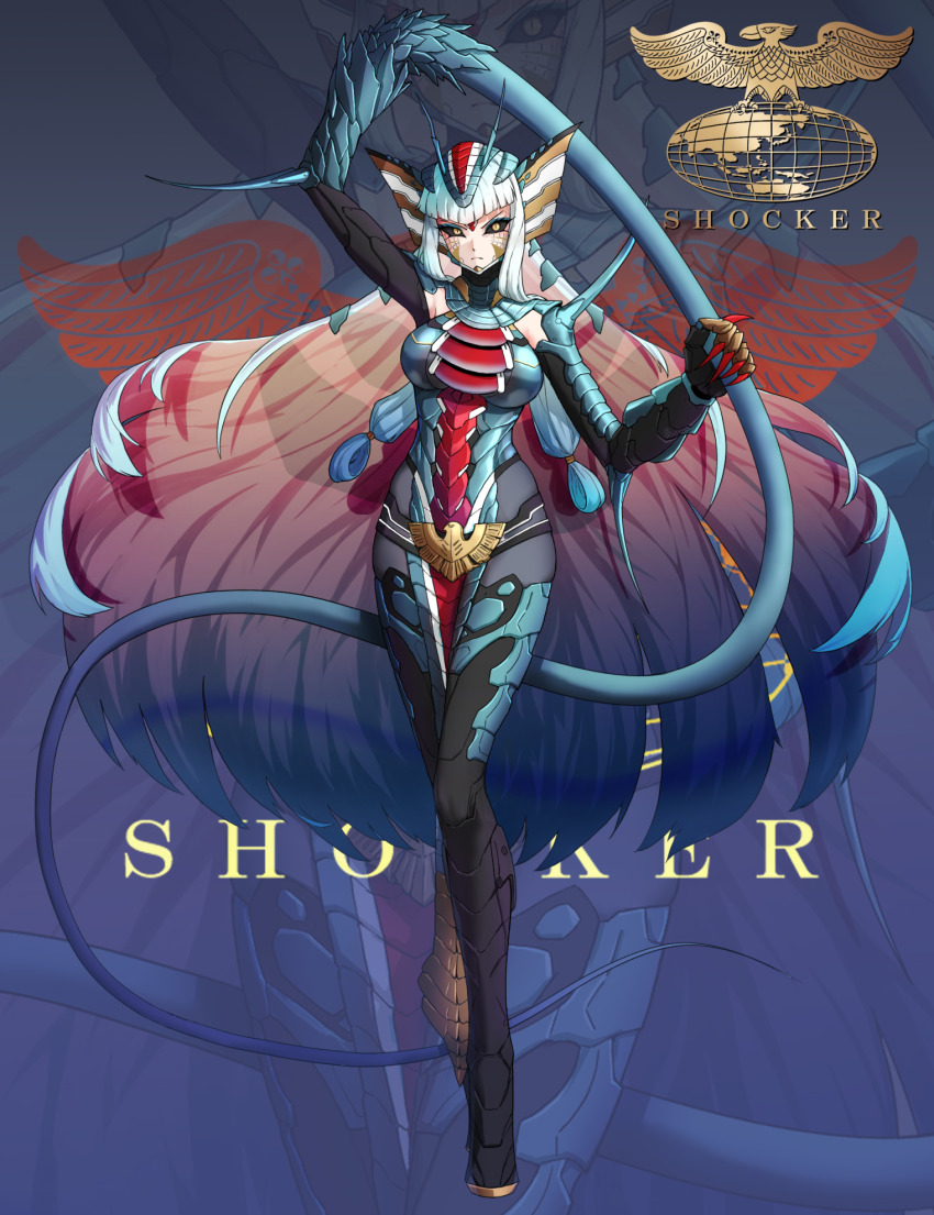 1girl belt belt_buckle black_belt black_pantyhose black_sclera blue_eyeshadow blue_hair buckle colored_inner_hair colored_sclera commentary cyborg eidenjyou1997 english_commentary eyeshadow facial_mark garagaranda genderswap genderswap_(mtf) highres kamen_rider kamen_rider_(1st_series) logo long_hair makeup monster_girl multicolored_hair pantyhose pelvic_curtain shadow shocker_(kamen_rider) slit_pupils snake_girl solo tendril_arm very_long_hair yellow_eyes zoom_layer