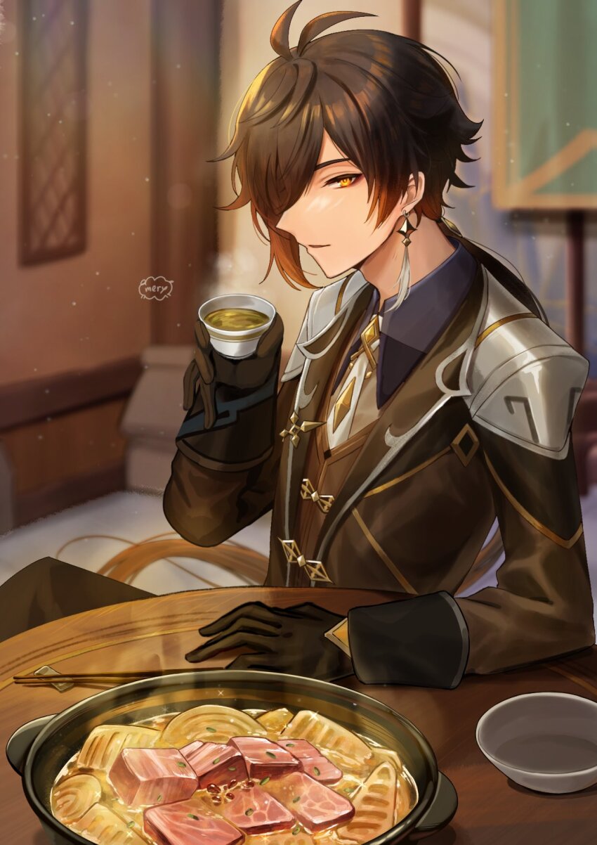 1boy antenna_hair artist_name bowl brown_gloves brown_hair brown_jacket brown_pants chopstick_rest chopsticks commentary_request cup earrings eyeshadow food genshin_impact gloves hair_between_eyes hand_on_table highres hitsujino_mery holding holding_cup jacket jewelry long_hair long_sleeves looking_at_viewer makeup male_focus meat necktie pants red_eyeshadow smile solo stew tassel tassel_earrings teacup white_necktie zhongli_(genshin_impact)