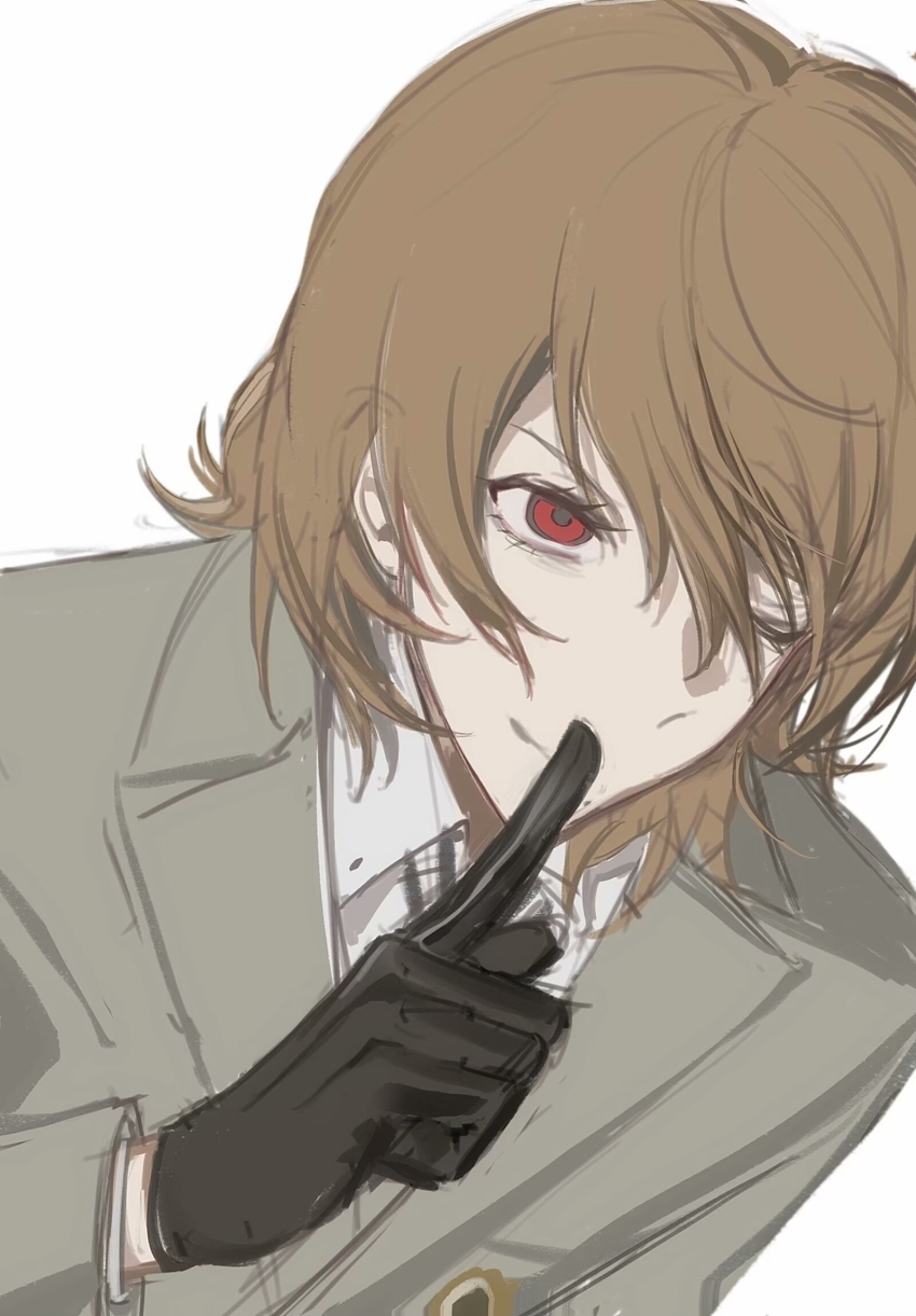 1boy ;) akechi_gorou baobing black_gloves chinese_commentary closed_mouth collared_shirt commentary_request dutch_angle finger_to_mouth gloves grey_jacket hair_between_eyes highres index_finger_raised jacket lapels long_sleeves male_focus medium_hair notched_lapels one_eye_closed persona persona_5 red_eyes shirt simple_background smile solo suit_jacket upper_body variant_set white_background white_shirt