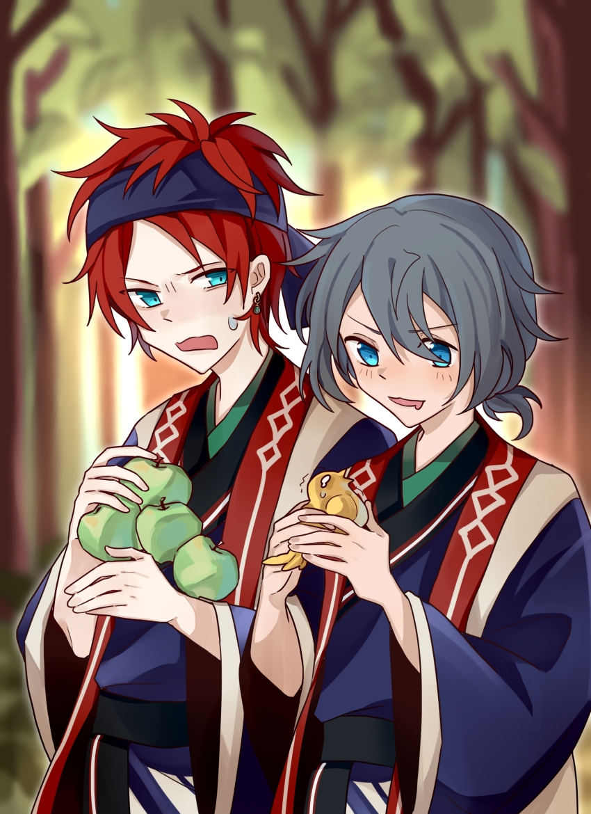 2boys absurdres amagi_rinne animal apple aqua_eyes bird blue_eyes blue_headband blue_kimono blurry blurry_background chinese_commentary commentary_request drooling earrings ensemble_stars! food forest fruit green_apple grey_hair hair_between_eyes headband highres holding holding_animal holding_bird holding_food japanese_clothes jewelry kimono long_sleeves male_focus mouth_drool multiple_boys nature open_mouth outdoors red_hair shiina_niki short_hair smile sweat tie_fei_wu_mang_dashuai v-shaped_eyebrows wide_sleeves