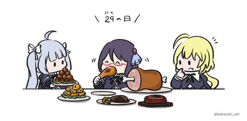 3girls ^_^ ahoge amano_soraha arm_at_side assault_lily black_hair black_ribbon blonde_hair blue_ribbon blunt_bangs boned_meat bow chibi chicken_(food) closed_eyes cropped_jacket croquette date_pun eating finger_to_own_chin food gem gem_hair_ornament glasses grey_hair hair_bow hair_ribbon hand_up highres holding holding_food holding_plate juliet_sleeves kabayaki_(kabayaki_eel) layered_sleeves long_hair long_sleeves looking_at_another looking_at_food low_ponytail mashima_moyu meat meat_day miriam_hildegard_von_gropius motion_lines multiple_girls neck_ribbon no_mouth notice_lines number_pun open_mouth plate ponytail puffy_sleeves red-framed_eyewear red_gemstone ribbon school_uniform semi-rimless_eyewear shirt short_sleeves simple_background smile solid_oval_eyes steak translated twintails twitter_username under-rim_eyewear white_background white_bow white_shirt yurigaoka_girls_academy_school_uniform