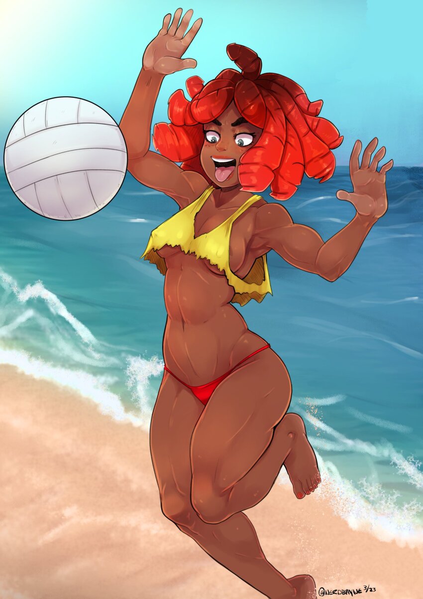 1girl abs armpits artist_name ball beach bikini bikini_bottom_only blush breasts cherry_hunter cleavage curly_hair curvy dark-skinned_female dark_skin feet grey_eyes highres hip_bones medium_breasts muscular muscular_arms muscular_female muscular_legs nail_polish navel nerdbayne nipples ocean red_hair sega shiny_skin sideboob streets_of_rage streets_of_rage_4 sweat swimsuit tank_top thick_thighs thighs toes tongue tongue_out underboob volleyball_(object)