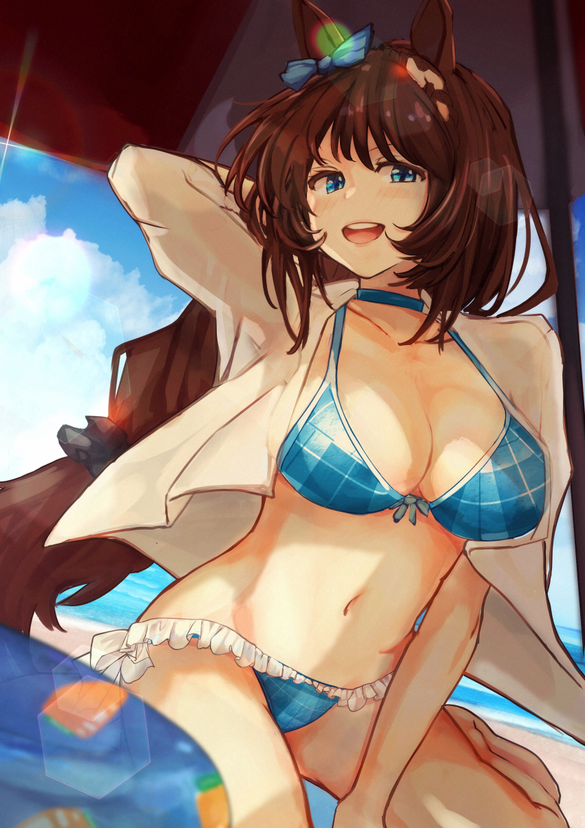 1girl absurdres animal_ears arm_behind_head beach bikini blue_bikini blue_choker blue_eyes bow breasts brown_hair carrot_print choker cleavage food_print frilled_bikini frills hair_ornament highres horse_ears horse_girl jacket kobiemon light_blush lips looking_back midriff navel open_mouth ponytail sand scrunchie sidelocks sitting solo sun_glare super_creek_(umamusume) swimsuit umamusume umbrella uppercut water white_jacket