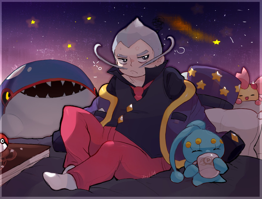 1boy absurdres anger_vein black_shirt book border bright_pupils cherrim closed_mouth coat facial_hair gen_3_pokemon gen_4_pokemon grey_hair hat highres kyogre legendary_pokemon long_mustache looking_to_the_side male_focus manaphy mixed-language_commentary mustache mysterial_(pokemon) mythical_pokemon necktie nintendo on_bed pants pillow pink_necktie pink_pants poke_ball poke_ball_(basic) pokemon pokemon_(creature) pokemon_battle_revolution popped_collar purple_coat ragou2niko shirt short_hair sitting socks star_(symbol) star_print unworn_hat unworn_headwear vest white_pupils white_socks
