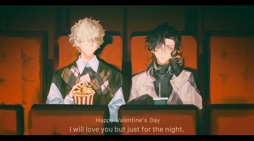 2boys bandage_over_one_eye bandages black_hair black_sweater black_vest blonde_hair blue_eyes chinese_commentary coat collared_shirt cup disposable_cup drinking_straw english_text florian_brand food glasses grey_coat hand_on_own_cheek hand_on_own_face heterochromia highres holding holding_food identity_v jewelry lasiven letterboxed long_hair long_sleeves looking_at_another looking_at_viewer male_focus movie_theater multiple_boys necklace popcorn richard_sterling shadow shirt short_hair sitting smile sweater theater_seating vest white_shirt yaoi yellow_eyes