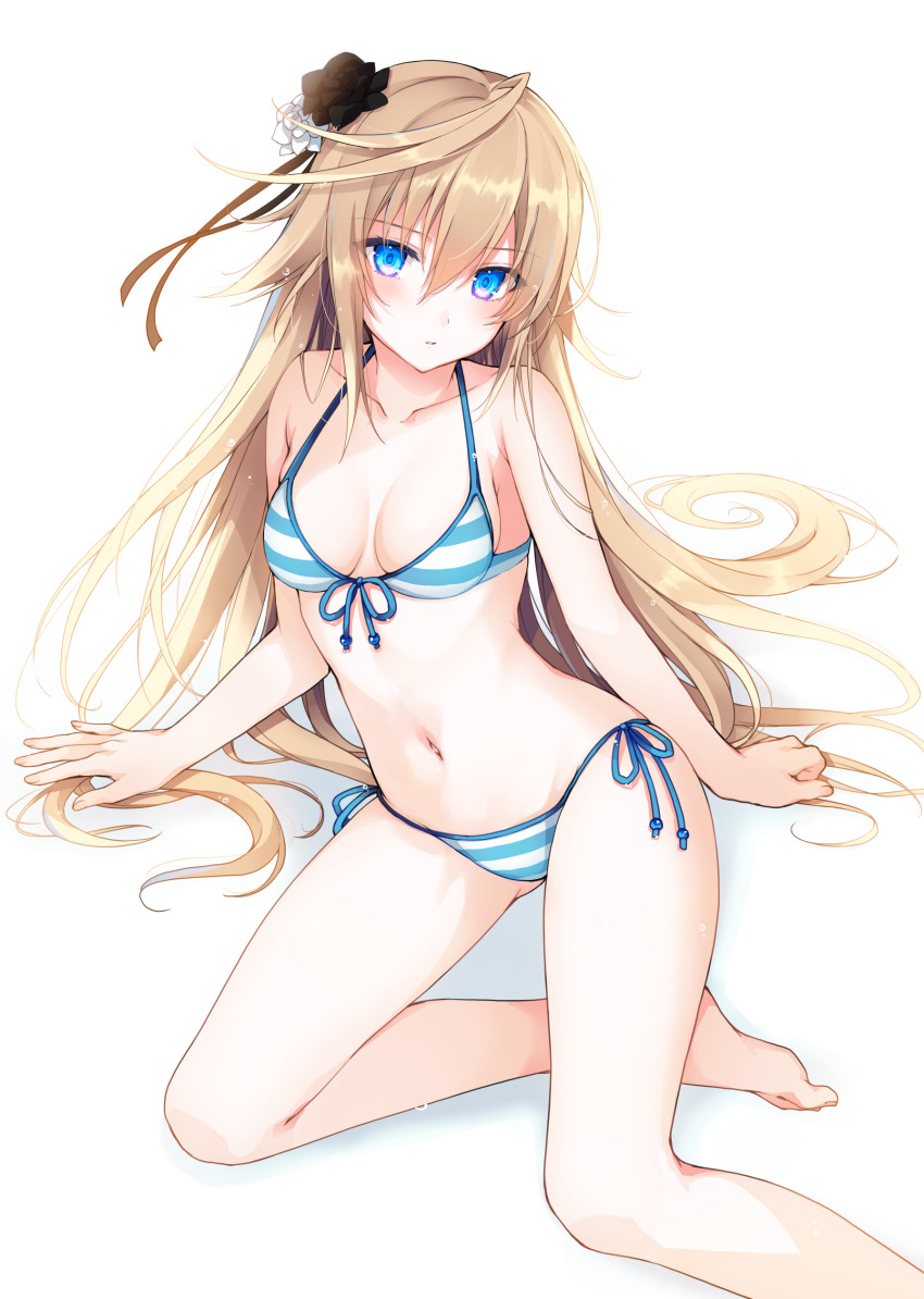 1girl absurdres ahoge bare_arms bare_shoulders barefoot bikini blue_eyes breasts brown_hair commission front-tie_bikini_top front-tie_top hair_ornament halterneck highres long_hair looking_at_viewer medium_breasts navel nikyuppa parted_lips phantasy_star phantasy_star_online_2 side-tie_bikini_bottom simple_background sitting solo stomach string_bikini striped_bikini striped_clothes swimsuit thighs very_long_hair white_background