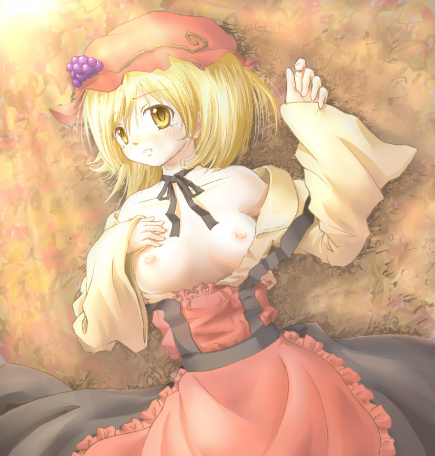 1girl aki_minoriko arinu bare_shoulders blonde_hair breasts female_focus food fruit grapes hat highres lying nipples on_back open_clothes open_shirt ribbon shirt short_hair solo tears touhou yellow_eyes