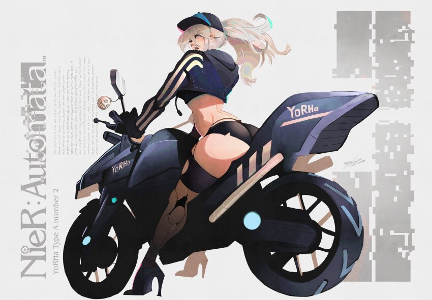 1girl a2_(nier:automata) ass baseball_cap black_gloves black_shorts blue_jacket copyright_name cropped_jacket emil_(nier) gloves grey_background hat high_heels highres hood hooded_jacket jacket joints long_hair long_sleeves looking_at_viewer looking_back mechanical_legs micro_shorts mono_queen motor_vehicle motorcycle nier:automata nier_(series) on_motorcycle ponytail robot_joints shorts solo white_hair
