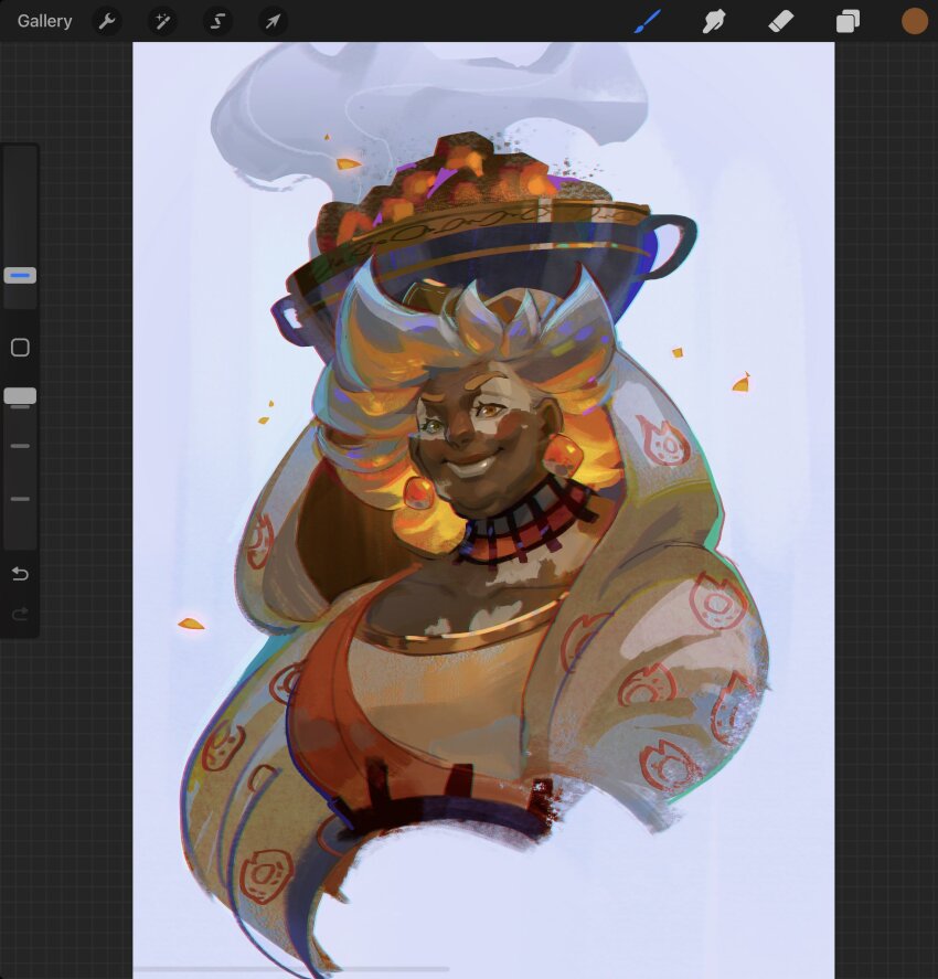 1girl art_program_in_frame breasts choker coal dark-skinned_female dark_skin earrings fat fat_woman flipped_hair hades_(series) hades_2 hestia_(hades) highres hood jenishiiarts jewelry large_breasts mature_female medium_hair mismatched_eyebrows orange_eyes pot_on_head procreate_(software) red_choker smile smoke vitiligo white_hair