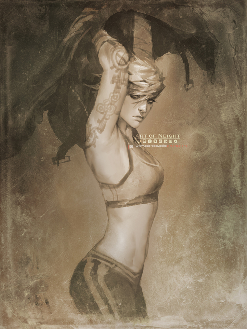 1girl arcane:_league_of_legends armpits arms_up art_of_neight bandaged_arm bandages breasts from_side greyscale hair_over_one_eye highres jacket league_of_legends medium_breasts midriff monochrome sepia short_hair solo sports_bra tattoo twitter_logo upper_body vi_(league_of_legends) watermark web_address