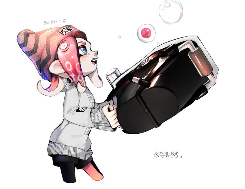 1girl :d beanie black_leggings black_shorts bloblobber_(splatoon) blue_eyes commentary_request cropped_legs fangs hat holding holding_weapon leggings leggings_under_shorts long_sleeves medium_hair nintendo octoling octoling_girl octoling_player_character open_mouth pink_hair pink_hat profile shorts signature simple_background smile solo splatoon_(series) sweater tentacle_hair translation_request ujijino weapon white_background white_sweater