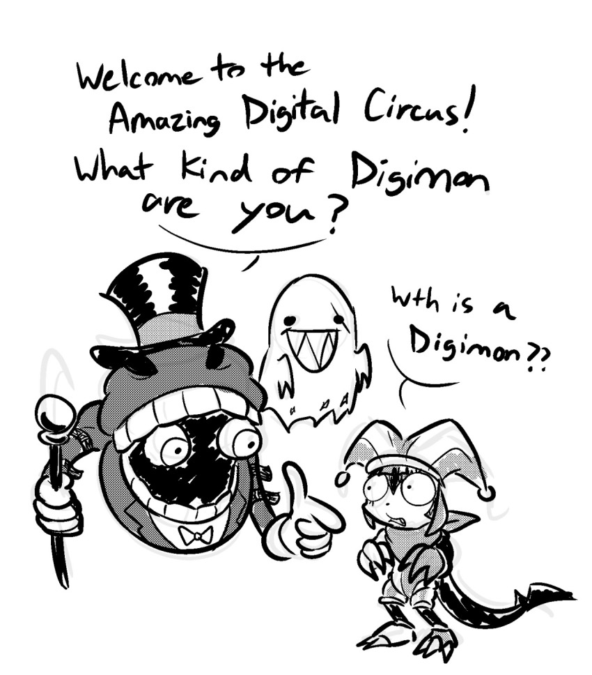 bakemon bubble_(the_amazing_digital_circus) caine_(the_amazing_digital_circus) claws digimon digimon_(creature) ghost hat highres impmon looking_at_another pomni_(the_amazing_digital_circus) scarf scumon sharp_teeth tail teeth the_amazing_digital_circus