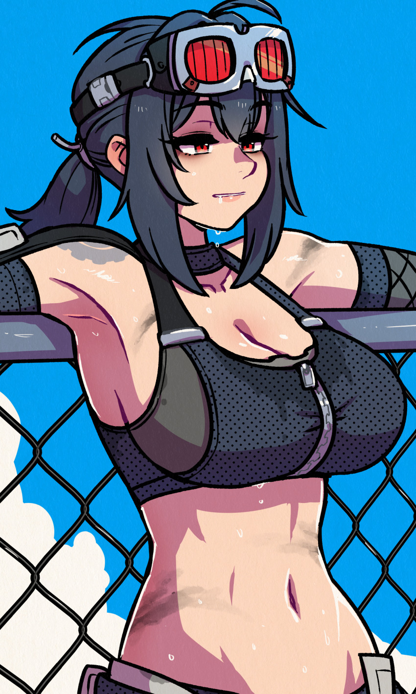 1girl absurdres ahoge akairiot alt_text bare_shoulders black_hair black_sports_bra breasts choker cleavage commentary crop_top english_commentary goggles goggles_on_head grace_howard grease_(mechanical) hair_between_eyes highres large_breasts long_hair navel orange_eyes solo sports_bra stomach sweat zenless_zone_zero zipper_top