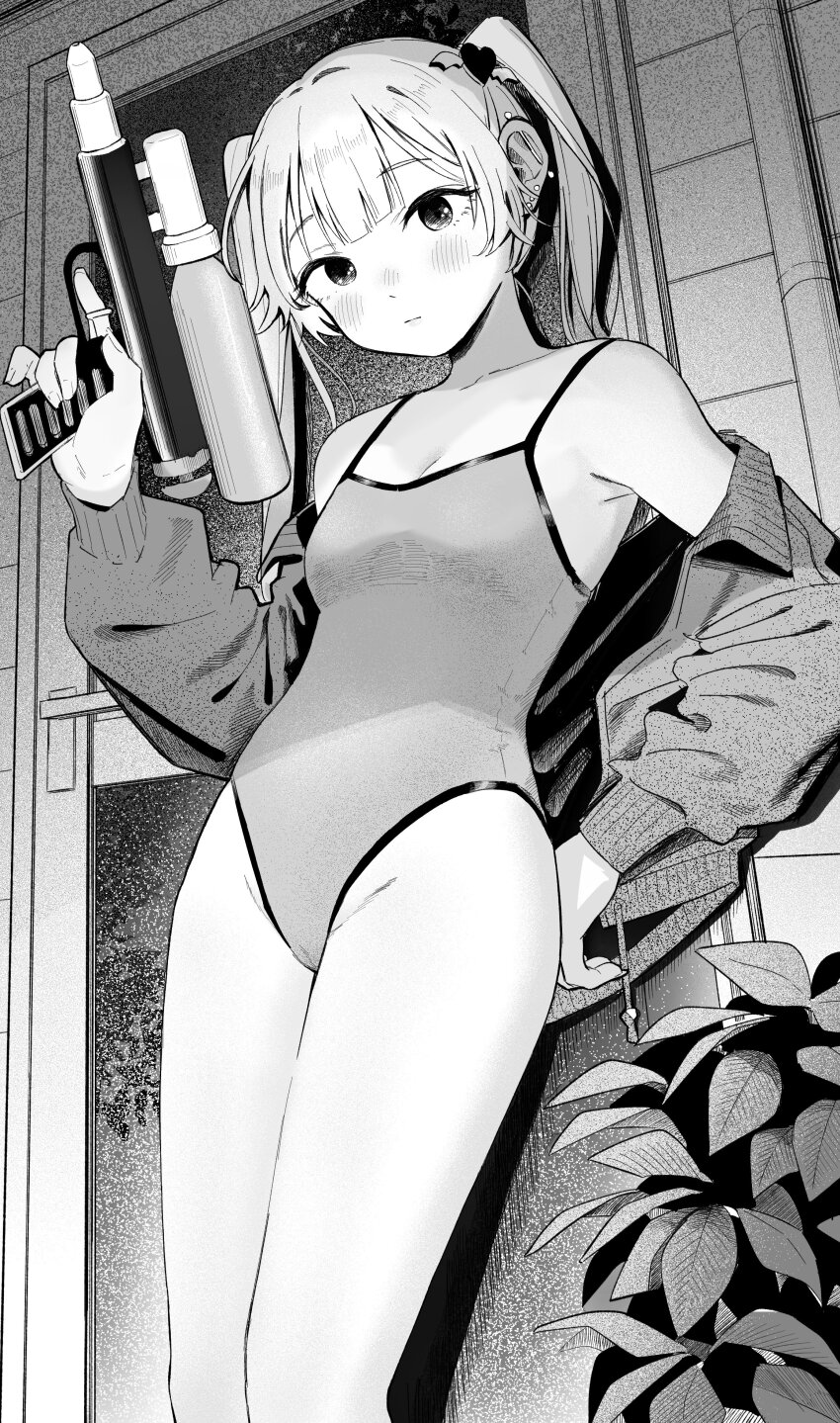 1girl absurdres barbell_piercing blush breasts cleavage closed_mouth competition_school_swimsuit cowboy_shot ear_piercing earrings expressionless greyscale hair_ornament heart heart_hair_ornament highleg highleg_one-piece_swimsuit highres holding holding_water_gun industrial_piercing jacket jewelry long_hair long_sleeves looking_at_viewer medium_breasts miyama_(kannsannn) monochrome off_shoulder one-piece_swimsuit open_clothes open_jacket original piercing plant school_swimsuit solo standing swimsuit trigger_discipline twintails water_gun winged_heart
