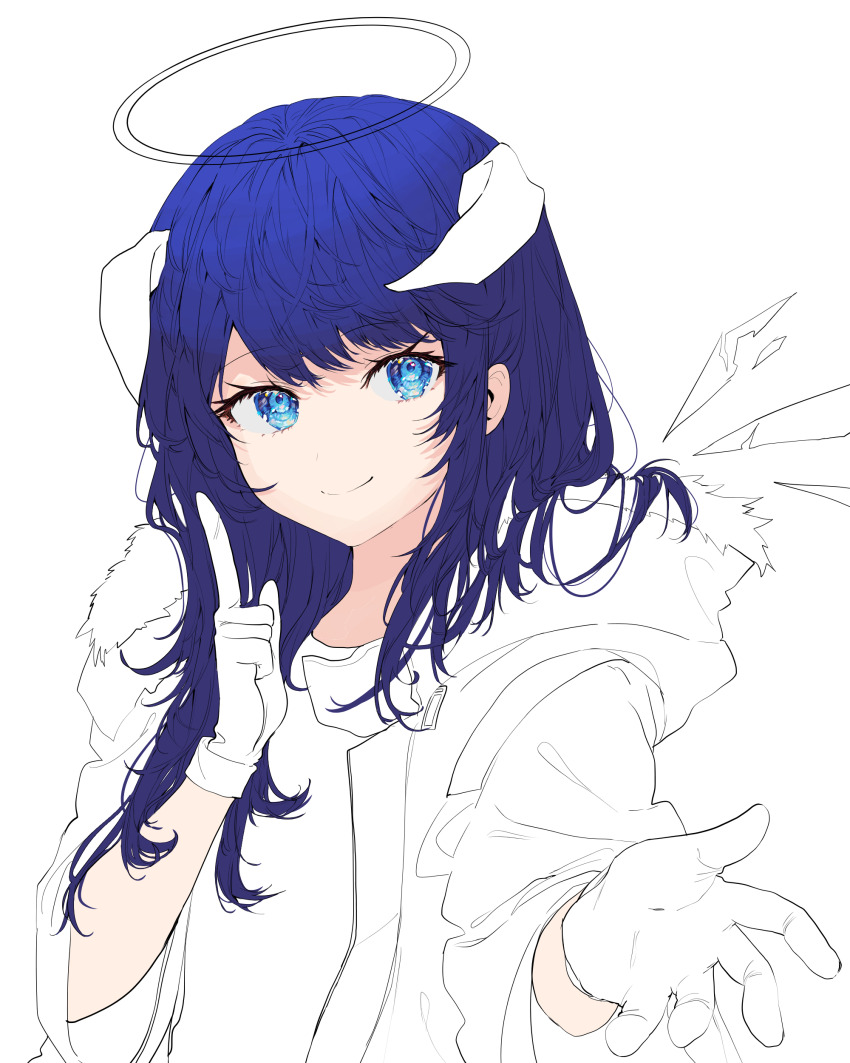 1girl 414_(hncx3355) absurdres arknights blue_eyes blue_hair closed_mouth detached_wings fur-trimmed_hood fur_trim gloves halo hand_up highres hood hood_up hooded_jacket horns index_finger_raised jacket long_hair long_sleeves looking_at_viewer mostima_(arknights) open_clothes open_jacket partially_colored shirt simple_background smile solo white_background wings