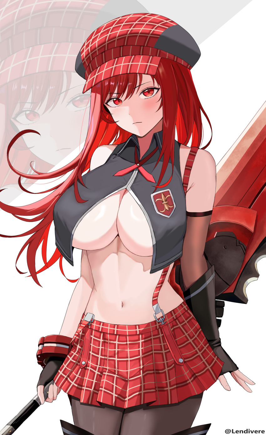 1girl absurdres alisa_ilinichina_amiella alisa_ilinichina_amiella_(cosplay) arm_warmers bare_shoulders black_boots black_gloves black_pantyhose black_vest boots bracer breasts closed_mouth collared_vest commentary cosplay cowboy_shot crop_top cropped_vest elbow_gloves fingerless_gloves gloves god_eater god_eater_burst goddess_of_victory:_nikke hair_between_eyes hat highres holding holding_sword holding_weapon huge_weapon large_breasts lendivere light_blush long_hair looking_at_viewer navel newsboy_cap official_alternate_hair_color pantyhose plaid_clothes plaid_skirt pleated_skirt rapi_(nikke) rapi_(red_hood)_(nikke) red_eyes red_hair red_hat red_skirt single_arm_warmer single_elbow_glove skirt solo standing stomach suspender_skirt suspenders suspenders_slip swept_bangs sword thigh_boots twitter_username underboob vest weapon zoom_layer