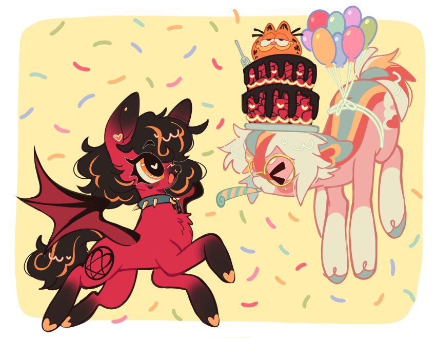 &gt;_&lt; animal animal_focus balloon bat_wings birthday black_hair border borrowed_character cake closed_eyes collar commentary confetti cutie_mark english_commentary food food_on_head fork garfield garfield_(character) glasses highres hooves jammy_(bunbunbewwii) multicolored_hair my_little_pony no_humans object_on_head open_mouth orange_eyes orange_hair original pentacle plate pony_(animal) round_eyewear short_hair smile spiked_collar spikes streaked_hair tail white_border white_hair wings yellow_background
