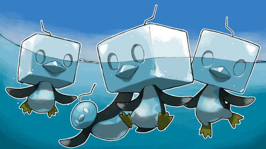 animal_focus bird blacknirrow blue_sky eiscue eiscue_(ice) eiscue_(noice) gen_8_pokemon highres ice ice_block nintendo no_humans outline penguin pokemon pokemon_(creature) pokemon_focus sky swimming water white_eyes white_outline