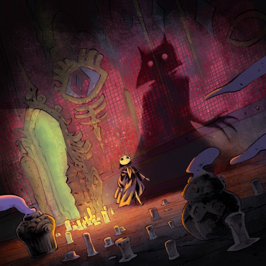 1boy black_hair candle candlelight different_shadow doorway fantasy full_body highres indoors long_sleeves migamigami ominous_shadow original pottery robe shadow short_hair standing toon_(style) wide_shot