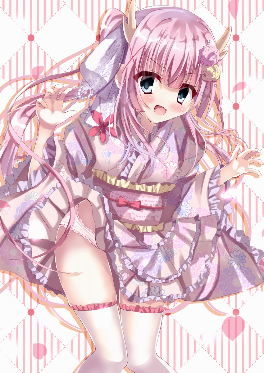 1girl :d absurdres blue_eyes blunt_bangs blush bow claw_pose clothes_lift dutch_angle eyebrows_hidden_by_hair fang floral_print flower frills furisode hair_flower hair_ornament hairband hairclip hands_up highres horns japanese_clothes kimono long_hair looking_at_viewer obi open_mouth original panties pink_hair pink_kimono print_kimono ribbon-trimmed_legwear ribbon_trim sabata_yoshi sash skirt skirt_lift smile solo standing thighhighs underwear white_panties wide_sleeves x_hair_ornament yukata zettai_ryouiki